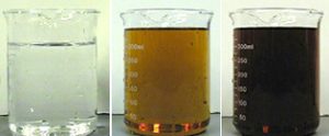 The first photo shows a beaker with clear liquid. The second photo shows a beaker with a copper-colored liquid. The third photo shows a beaker with dark brown liquid.