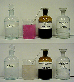 Two photos, each with a stoppered, labeled bottle with clear liquid, a beaker and a stir rod, a stoppered, labeled amber bottle, and a stoppered, labeled bottle with clear liquid. In the top photo, the beaker contains a pink liquid and a stir rod. In the bottom photo, the beaker contains a cloudy liquid and a stir rod.