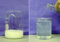 A solution added to a precipitate dissolves the white solid.