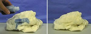 In the first photo, a hand tilts a bottle with  blue liquid over a white cloth, and a blue area appears on the cloth. In the second photo, the white cloth shows no blue stain.