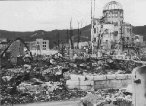 A photograph of the aftermath of an atomic bomb dropped on a city.