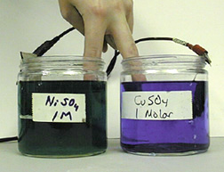 A person places two fingers in electrochemical cell jars containing copper and nickel solutions.