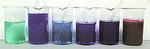 Six beakers, five with stir rods: a beaker with clear green liquid, a beaker with purple liquid, a beaker with clear blue liquid, a beaker with purple liquid, a beaker with dark liquid, and beaker with red-purple solid