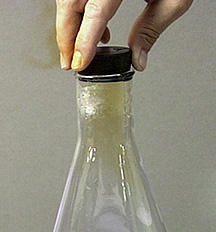 Fingers place a stopper in the mouth of a flask. Yellow-brown gas appears in the neck of the flask and next to the fingers.