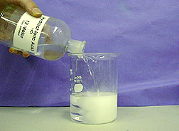 A clear liquid from a bottle labeled Hydrochloric Acid is poured into a beaker of salt solution.