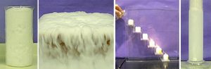 In the first photo, a cylinder with foam and bubbles. In the second photo, white vapor spills over the edge of a bowl. In the third photo, a hand pours a flask toward candles on a stepped plexiglass platform. The fourth photo shows a cylinder with bubbles, a white precipitate, and a dissolving pellet at the bottom of the cylinder.