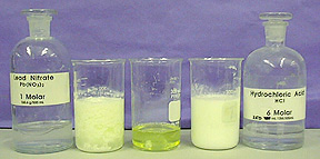 A bottle of lead nitrate, a beaker with a white solid, a beaker with a clear and yellow liquid, a beaker with a white solid, and a beaker of hydrochloric acid