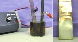Strips of copper and silver in brown solution with a connected power supply; copper electrode with a silver layer.