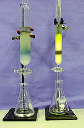 Two tubes filled with a pale solid over two flasks, one with a blue band and one with a brown band