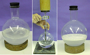 A flask with water with no suds on a cork ring, a round bottom flask being filled with water from a column, and a round bottom flask with suds on a cork ring.