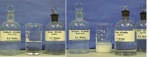 Three clear liquids result  in a white precipitate.
