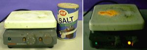 The first photo shows a hot plate and a carton labeled salt. The second photo shows a glowing orange substance on the surface of a hot plate in a darkened room.