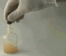 A gloved hand uses an eyedropper with liquid from a bottle with orange-yellow liquid to write the letter "P" and the number four. Flames appear and leave behind black char shaped like the letter "P" and the number four.