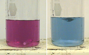 A two-photo sequence showing the contents of a beaker from red to blue.