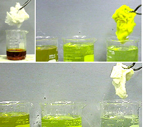 A white cotton mass is held over a beaker with brown liquid. The treated cotton, now green, is held over one of three beakers, two with green liquids and one with a lighter green liquid. The cotton mass is held over a beaker with light green liquid.