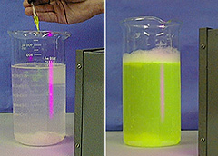 A beaker fluoresce when another liquid is added to it.