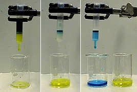 Three photos in a sequence: A yellow syringe over a beaker of yellow liquid, a blue syringe over a beaker of more yellow liquid, and a blue syringe over a beaker of blue liquid next to a beaker of yellow liquid