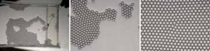 In the photo, bubbles are seen on a clear surface. The second photo shows a close-up of bubbles. In the third photo, the bubbles form an ordered arrangement.
