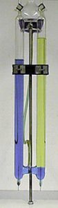A Hoffman apparatus with indicator changes color based on the polarity of DC current applied.