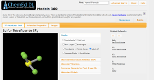 A table with an image of sulfur tetrafluoride molecule on one side and a table of information on the other.