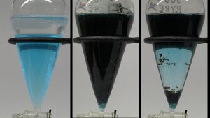 Three photos, each show a separatory funnel with stopcock held in place by a ring: In the first photo, the funnel contains a liquid with a clear, colorless layer above a clear blue layer. A ring of blue liquid is seen above the colorless layer. In the second photo, the funnel contains a dark mixture. In the third photo, the funnel contains a mixture with a dark layer, a light blue layer with dark particles, and a lower layer with dark solids.
