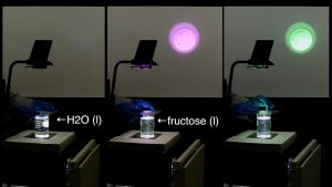 Three photos, each with an overhead projector, a projector screen, and a beaker of clear liquid. In the first photo, no light is seen on the screen. An arrow indicates the liquid is H20. Iin the second photo, a pink light is projected on the screen, and an arrow indicates the liquid is fructose. In the third photo, a green light is projected on the screen.