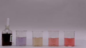 A labeled bottle with dark liquid and a pipette, and four beakers: A beaker with clear pale purple liquid, a beaker with clear yellow liquid, a beaker with clear pink liquid, and a beaker with red-orange liquid.