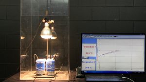 A lit bulb over thermocouples wrapped in containers, sitting on a square surface encased in plexiglass. A connected display with a temperature readout to the thermocouples is next to the assembly.