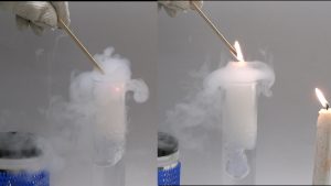 The first photo shows a hand holding a wooden splint in white vapor rising out of a glass beaker. Orange light is seen through the vapor. A capped blue container is next to the beaker. In the second photo, a hand holds a lit wooden splint above the vapor rising from the beaker. A lit candle appears on the right side of the beaker, and the capped blue container is seen on the left side of the beaker.