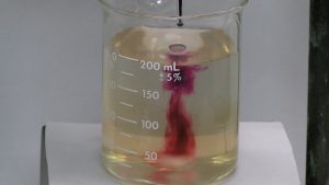 A purple liquid is added to a stirring clear and colorless solution where it changes to red.