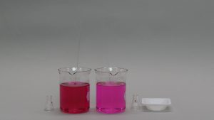 A flask, a  beaker with red-orange liquid, a beaker with a pink liquid, a flask, and a white weigh boat.