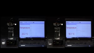 A small beaker with a white solid, a larger beaker with a magnet at the bottom of the beaker, and a thermometer with a readout. In the second photo, a small beaker with much less solid, a larger beaker with clear liquid and a magnet at the bottom, and a thermometer with a different readout.