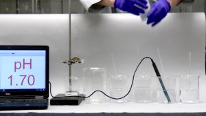 A pH meter with attached cable and a probe, a ring stand, a beaker with clear liquid on the base of the ring stand, a larger beaker, and four beakers with stir rods and clear liquids. Two hands wearing purple gloves hold a squirt bottle with clear liquid above the beakers.